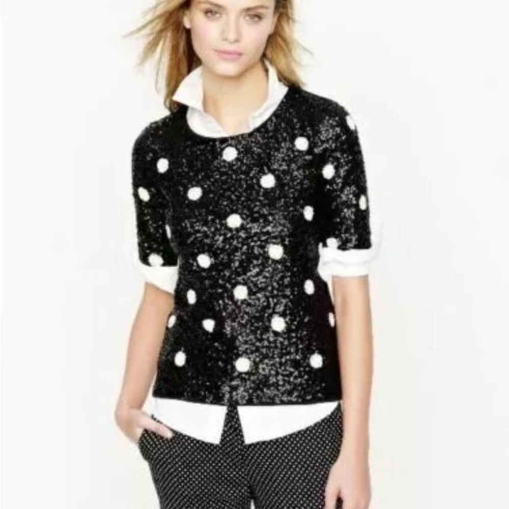 $128 J CREW Sequin Top XS Black & White Polka Dot Shirt